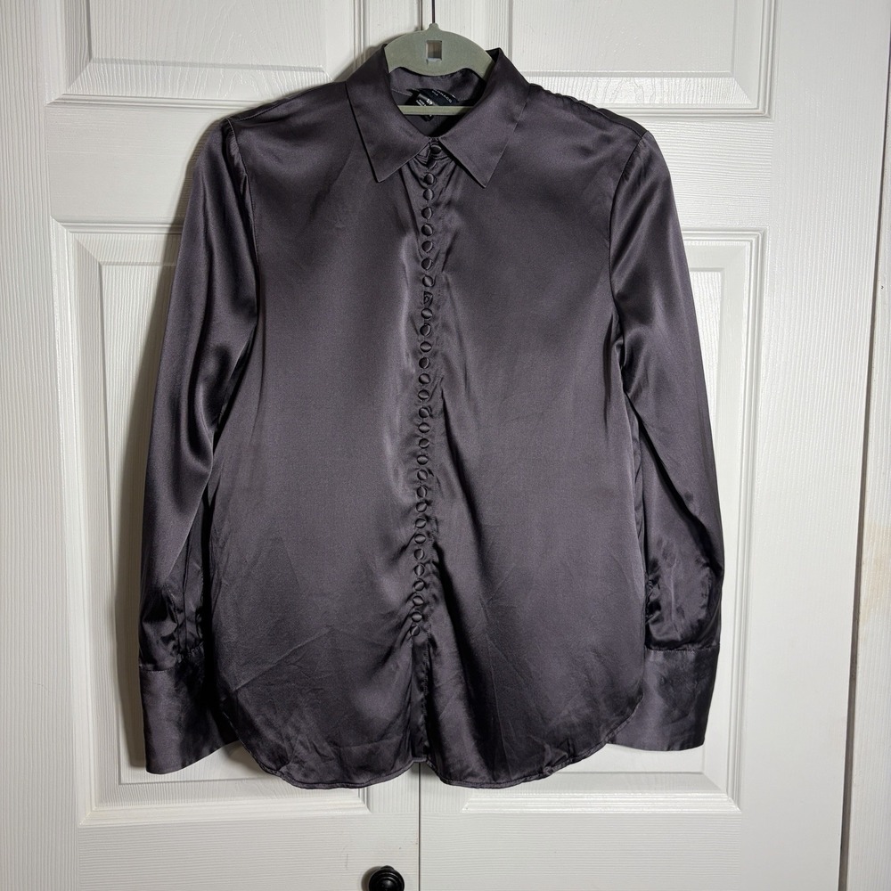 Club Monaco Silk Blend Blouse Women S Plum Gray Satin Rouleau Loop Button Front